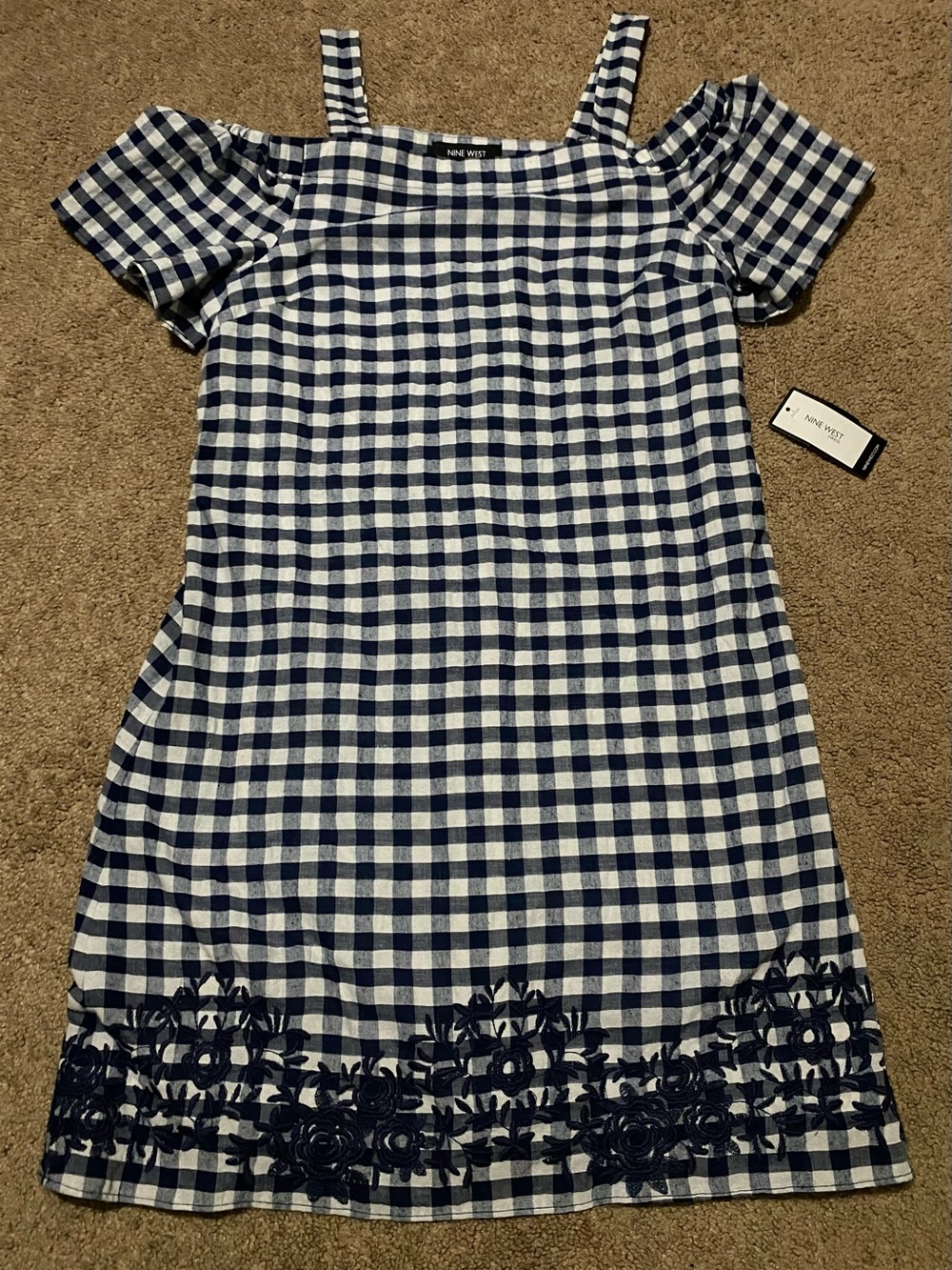 Nine West Navy and White Gingham Cold-Shoulder Dress with Embroidered Hem